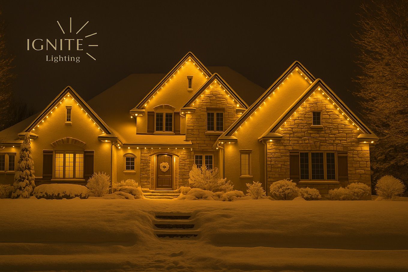 Gold Christmas lighting on a snowy home