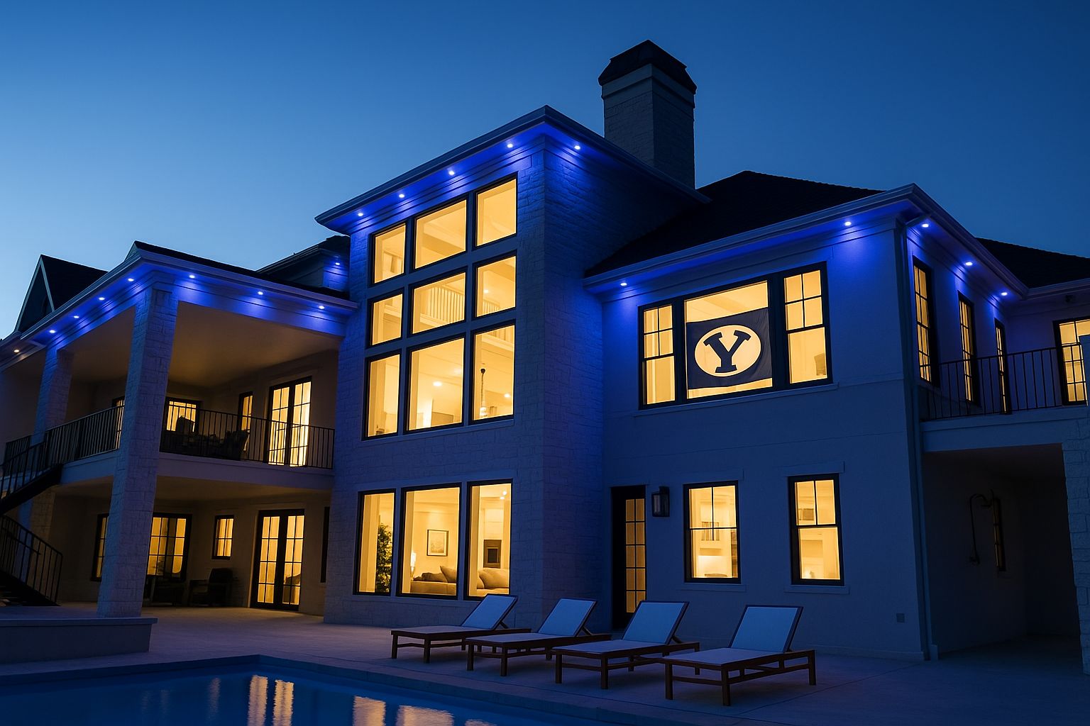 Game day blue lighting on a modern home