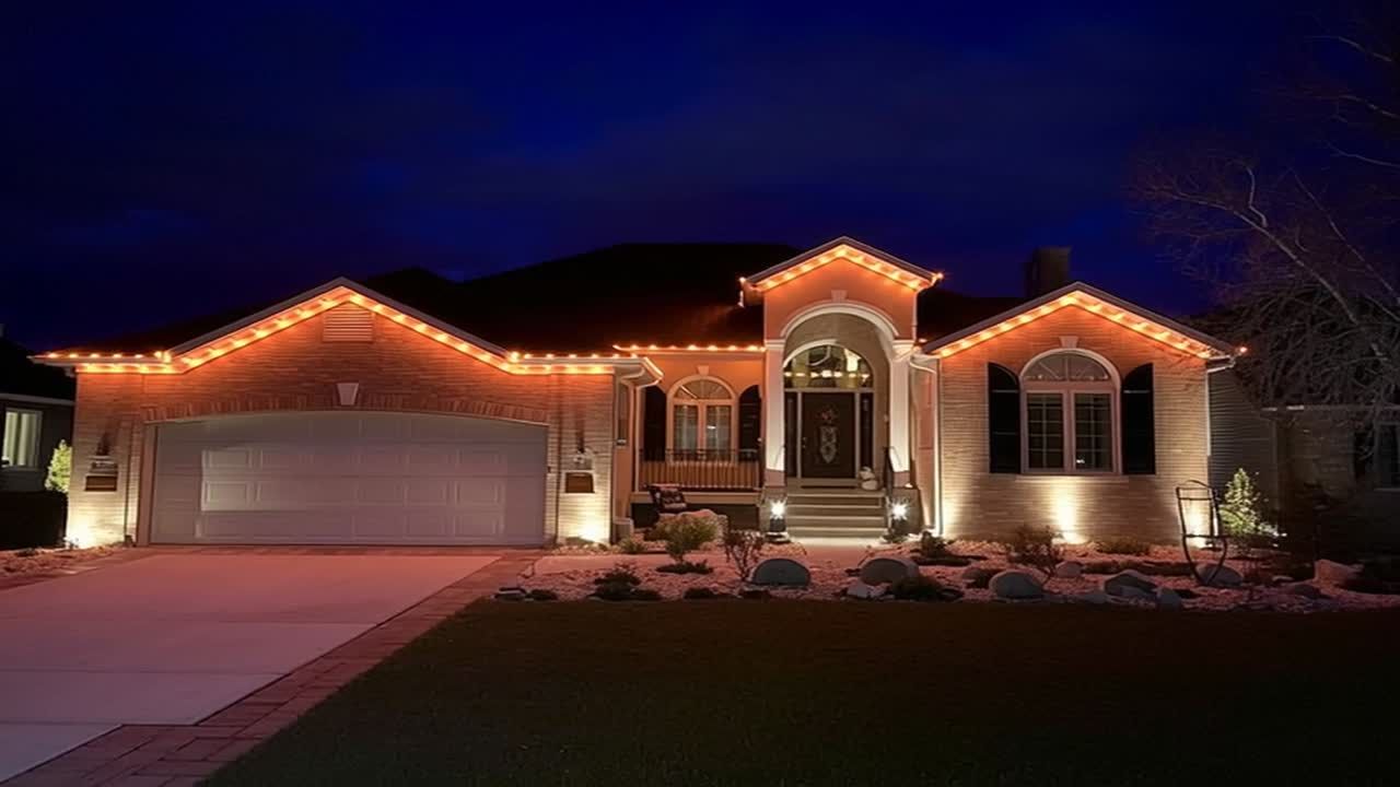 Orange accent lighting on a single story home