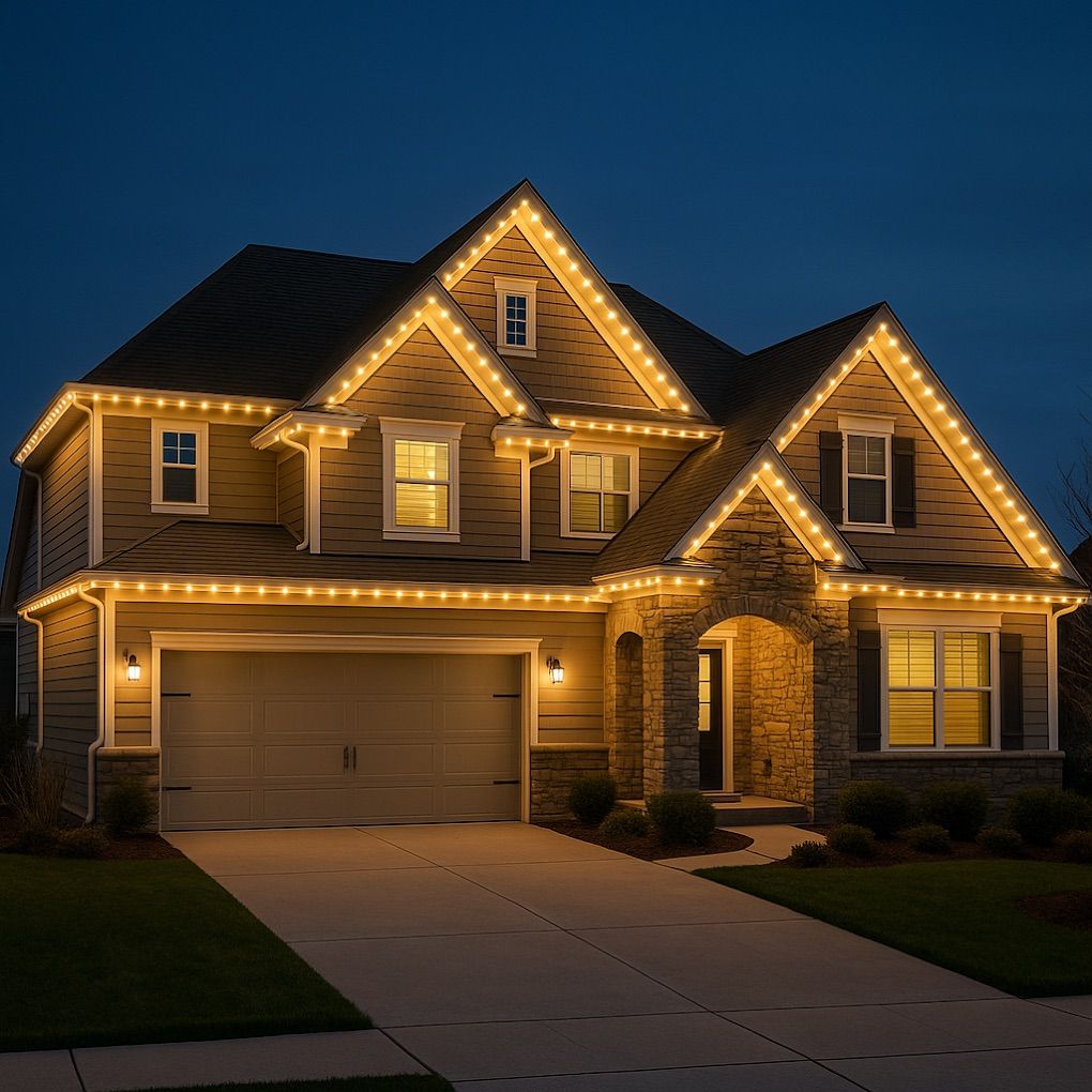 Warm white lights tracing a two story roofline