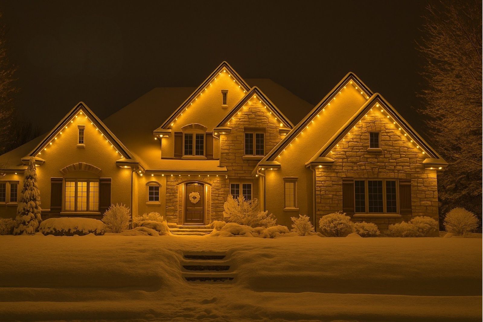 Warm white permanent lights on a snowy roofline