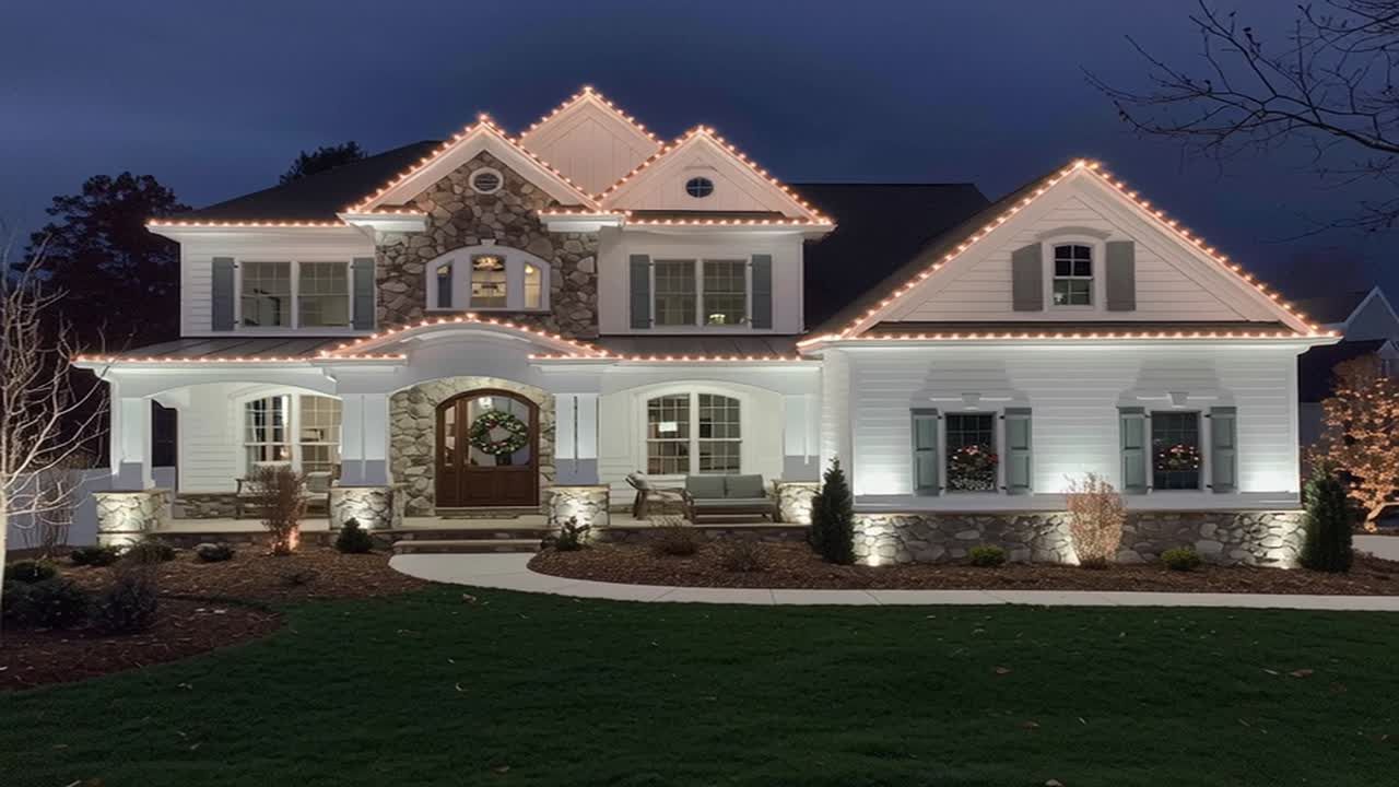 White roofline lighting at dusk
